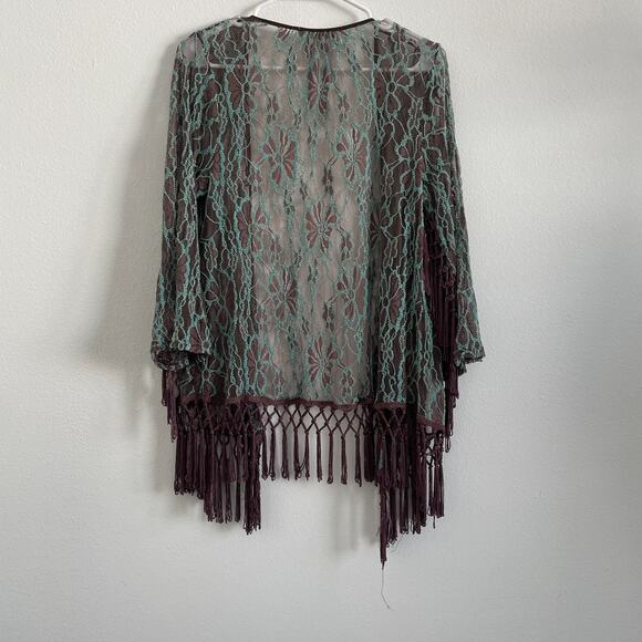 Altar'd State Kimono Topper Sheer Flare Sleeve Boho Fringe Festival Brown - Picture 2 of 8